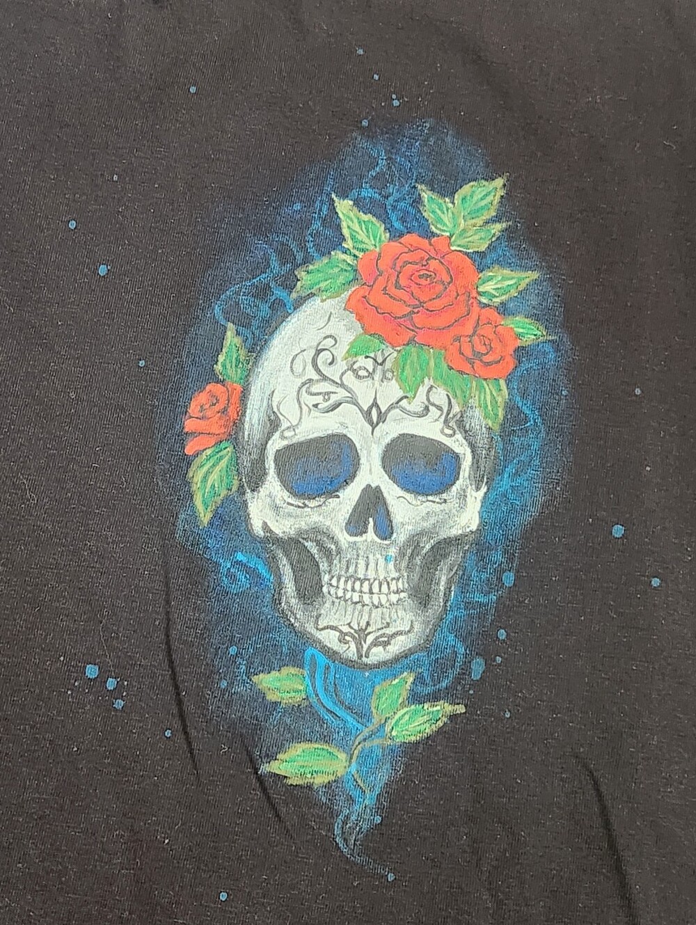 Halloween T-shirt M Black Cotton Handpainted Skull Rose Dead La Catrina Art New - Picture 8 of 12